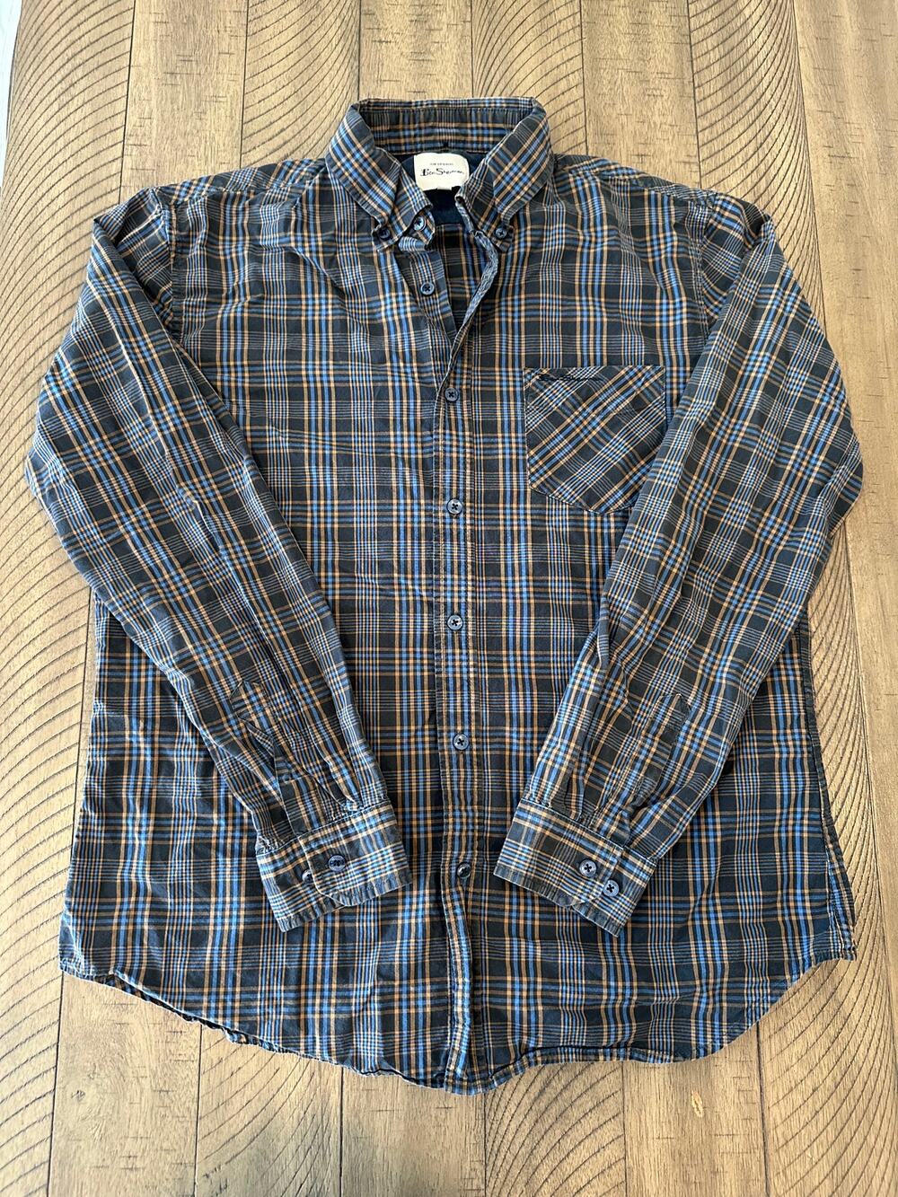 Ben Sherman Men's Long Sleeve Button-Down Shirt Size L Blue Brown Plaid Cotton